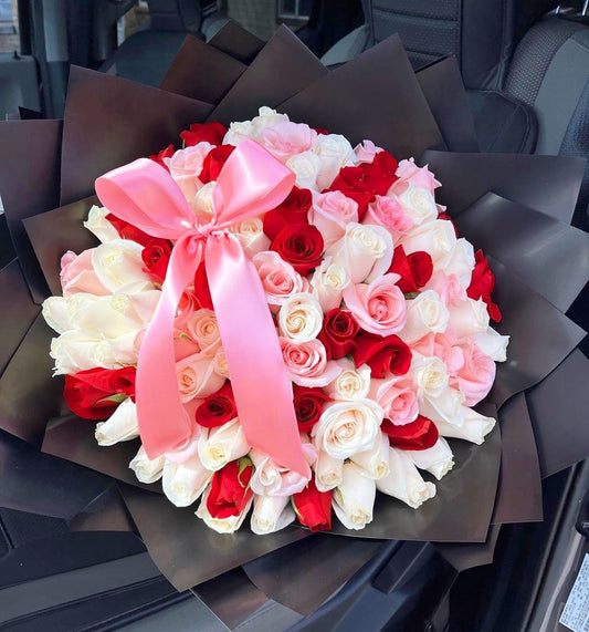 Red- Pink and White Roses Bouquet  - Fresh Roses